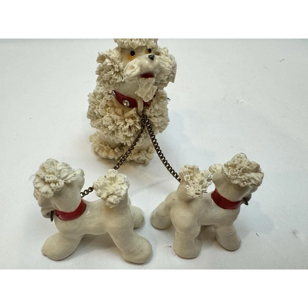 Vintage MCM Saghetti Poodle Dog Family Figurine Set with Chain Leash, Japan‎